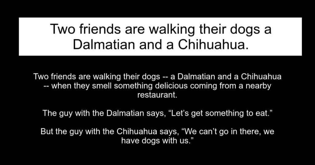 Two friends are walking their dogs a Dalmatian and a Chihuahua.