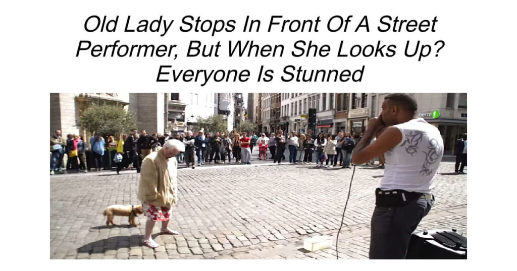 Old Lady Stops In Front Of A Street Performer.
